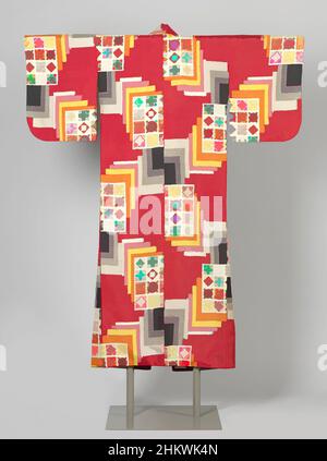 Art inspired by Kimono for an unmarried woman, Informal women's kimono with a pattern throughout of partially back-to-back rectangles, the top one decorated with geometric motifs in squares, against a red background. Red silk with decoration in stencil print (meisen). Lining of white, Classic works modernized by Artotop with a splash of modernity. Shapes, color and value, eye-catching visual impact on art. Emotions through freedom of artworks in a contemporary way. A timeless message pursuing a wildly creative new direction. Artists turning to the digital medium and creating the Artotop NFT Stock Photo