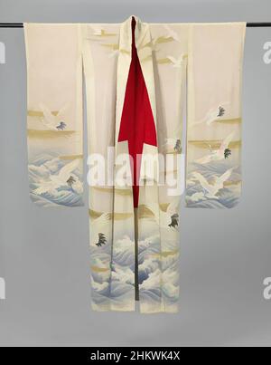 Art inspired by Set of three women's kimonos decorated with cranes, Furisode with Cranes over a Sea, The lower (shitagi) of a set of three formal long-sleeved kimono for an unmarried young woman (furisode), with decoration of cranes over a rough sea on the sleeves, front and back panels, Classic works modernized by Artotop with a splash of modernity. Shapes, color and value, eye-catching visual impact on art. Emotions through freedom of artworks in a contemporary way. A timeless message pursuing a wildly creative new direction. Artists turning to the digital medium and creating the Artotop NFT Stock Photo