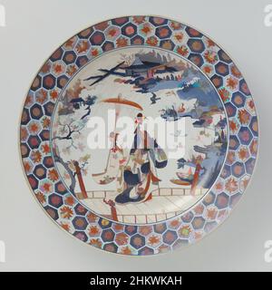 Art inspired by Dish with a woman and attendant on a bridge in a landscape, Dish of porcelain, painted in underglaze blue and on the glaze red and gold. On the plate and wall in a medallion a woman on a bridge, behind her a servant with a parasol. In the background a river landscape, Classic works modernized by Artotop with a splash of modernity. Shapes, color and value, eye-catching visual impact on art. Emotions through freedom of artworks in a contemporary way. A timeless message pursuing a wildly creative new direction. Artists turning to the digital medium and creating the Artotop NFT Stock Photo