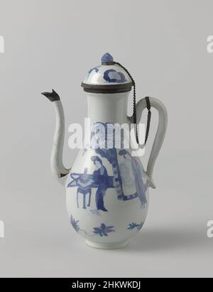 Art inspired by Pear-shaped milk jug with women and boys, silver mounts, Pear-shaped porcelain milk jug with ear, curved spout and silver mount, painted in underglaze blue. On the wall twice two women (long lijces) in a fenced garden, under which twice a rock with flowers; the lid with, Classic works modernized by Artotop with a splash of modernity. Shapes, color and value, eye-catching visual impact on art. Emotions through freedom of artworks in a contemporary way. A timeless message pursuing a wildly creative new direction. Artists turning to the digital medium and creating the Artotop NFT Stock Photo