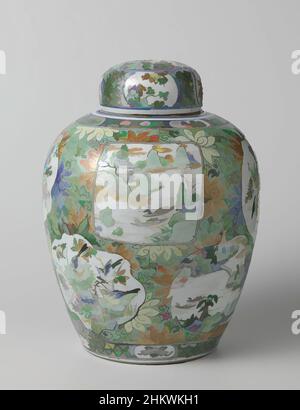 Art inspired by Covered jar with landscapes, flowers and birds, Ovoid jar with lid of porcelain, painted in underglaze blue and on the glaze in blue, red, green, yellow and black with leaf-shaped and square cartouches with landscapes, flowers and birds against a background of stylized, Classic works modernized by Artotop with a splash of modernity. Shapes, color and value, eye-catching visual impact on art. Emotions through freedom of artworks in a contemporary way. A timeless message pursuing a wildly creative new direction. Artists turning to the digital medium and creating the Artotop NFT Stock Photo