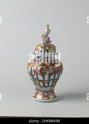 Art inspired by Covered baluster jar with figures in an interior behind framework, prunus trees and floral scrolls, Lid of baluster shaped lidded jar of porcelain, painted in underglaze blue and on the glaze red, black and gold. On the wall painted latticework, decorated with modeled, Classic works modernized by Artotop with a splash of modernity. Shapes, color and value, eye-catching visual impact on art. Emotions through freedom of artworks in a contemporary way. A timeless message pursuing a wildly creative new direction. Artists turning to the digital medium and creating the Artotop NFT Stock Photo