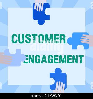 Conceptual display Customer Engagement. Conceptual photo the emotional connection between a customer and a brand Illustration Of Hands Holding Puzzle Stock Photo