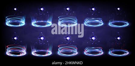 Sci-fi high-technology stage collection in glowing HUD. Hologram portal swirl light of science futuristic. Magic warp gate in game fantasy. Circle tel Stock Vector