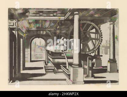 Art inspired by Water well under colonnade, Water wells (series title), Under a colonnade is a water system with colossal gears and a wooden barrel pouring the water into a rectangular basin. In the background is a view of a large town square. The print is part of an album., print maker, Classic works modernized by Artotop with a splash of modernity. Shapes, color and value, eye-catching visual impact on art. Emotions through freedom of artworks in a contemporary way. A timeless message pursuing a wildly creative new direction. Artists turning to the digital medium and creating the Artotop NFT Stock Photo