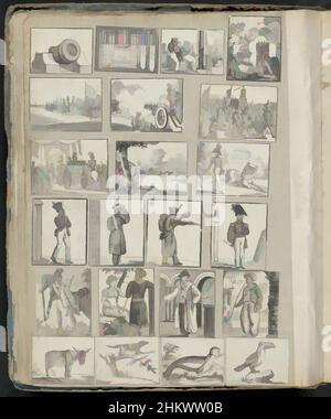 Art inspired by Album page with various representations, Album page with 22 cut-out representations from mainly folk prints, including of a cannon, soldiers, a man with turban smoking a pipe and various animals, for example of a donkey, a seal and a cockatoo., print maker: Alexander, Classic works modernized by Artotop with a splash of modernity. Shapes, color and value, eye-catching visual impact on art. Emotions through freedom of artworks in a contemporary way. A timeless message pursuing a wildly creative new direction. Artists turning to the digital medium and creating the Artotop NFT Stock Photo