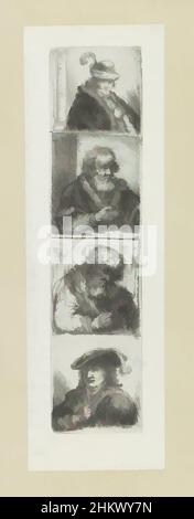 Art inspired by Four men's portraits, The Compleat Work of Etchings by John Chalon, Oeuvre Complette des Eaux Fortes par Jean Chalon (series title), Uncut print with four frames below each other. The top print is of a young man wearing a hat with a feather. Next an old man with beard, Classic works modernized by Artotop with a splash of modernity. Shapes, color and value, eye-catching visual impact on art. Emotions through freedom of artworks in a contemporary way. A timeless message pursuing a wildly creative new direction. Artists turning to the digital medium and creating the Artotop NFT Stock Photo