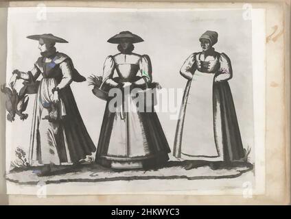 Art inspired by Three women in rural dress from Italy, ca. 1580, Contadina genovese, Contadina piamontese, Mantanara genovese, On the left a peasant woman wearing a flat hat, walking to the left, a basket of eggs on her arm, chickens and and duck in hand. In the center, a peasant woman, Classic works modernized by Artotop with a splash of modernity. Shapes, color and value, eye-catching visual impact on art. Emotions through freedom of artworks in a contemporary way. A timeless message pursuing a wildly creative new direction. Artists turning to the digital medium and creating the Artotop NFT Stock Photo