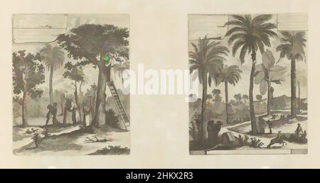 Art inspired by Landscapes with mango trees, coconut and palm trees, Fruits de l'ile de Java, etc, Arbres des Indes, Les Indes Orientales et Occidentales et autres lieux (series title), Two representations on an album leaf. On the left a landscape with the mango tree. On a ladder, Classic works modernized by Artotop with a splash of modernity. Shapes, color and value, eye-catching visual impact on art. Emotions through freedom of artworks in a contemporary way. A timeless message pursuing a wildly creative new direction. Artists turning to the digital medium and creating the Artotop NFT Stock Photo