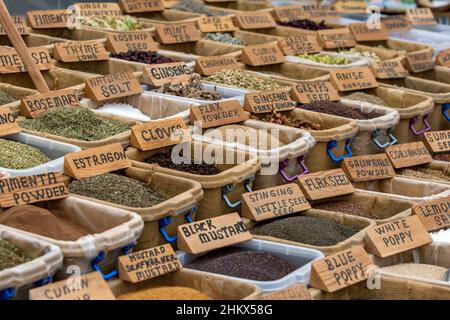 Dozens of seed varieties for sale at the Kas Friday market. Kas is a village which sits on the Mediterranean Sea in the Antalya Province of Turkey. Stock Photo