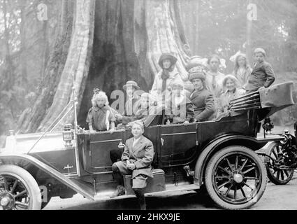 Vintage black and white photograph of a touring car with passengers in front of Hollow Tree in Stanley Park ca. 1915, Vancouver, British Columbia, Canada Stock Photo
