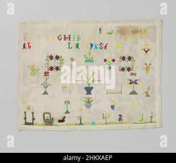 Art inspired by sampler of multicolored silk on linen, sampler of silk on linen. The embroidery has the year ANNO 1765, the initials GS, TB, KR, AI, SE, HG and SG. The embroidery also has letter and number exercises and various stops, including birds, a cradle, a bed, a man with a dog, Classic works modernized by Artotop with a splash of modernity. Shapes, color and value, eye-catching visual impact on art. Emotions through freedom of artworks in a contemporary way. A timeless message pursuing a wildly creative new direction. Artists turning to the digital medium and creating the Artotop NFT Stock Photo