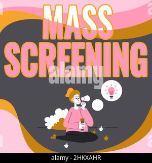 Hand writing sign Mass Screening. Word Written on health evaluation performed at a large amount of population Lady Sitting In Park Blowing Balloons Stock Photo