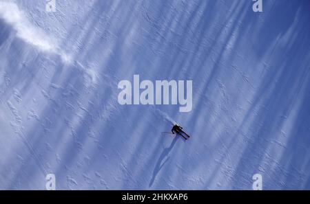 Beijing, China. 06th Feb, 2022. A competitor trains on the Giant Slalom course at the Yanqing National Alpine Skiing center, site of the alpine events at the Winter Olympics in Beijing on February 6, 2022. Photo by Rick T. Wilking/UPI Credit: UPI/Alamy Live News Stock Photo