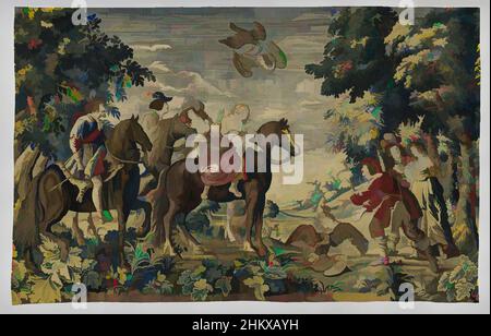 Art inspired by Falcon Hunt, The English Yachts (series title), Tapestry with Falcon Hunt: in the foreground four horsemen looking to the right. The front two horses, a blaze and a grey, are ridden by amazons; two dark horses by riders. In front of them is a heron on which a falcon, Classic works modernized by Artotop with a splash of modernity. Shapes, color and value, eye-catching visual impact on art. Emotions through freedom of artworks in a contemporary way. A timeless message pursuing a wildly creative new direction. Artists turning to the digital medium and creating the Artotop NFT Stock Photo