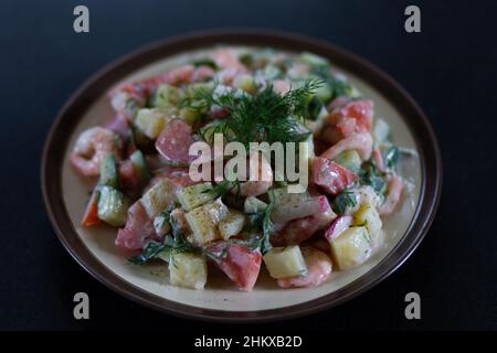 Homemade salad with shrimps and fresh vegetables sauced with yogurt decorated with fennel on plate Stock Photo