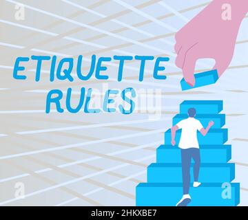 Conceptual caption Etiquette Rules. Business concept customs that control accepted behaviour in social groups Gentleman Climbing Up Stair Case Trying Stock Photo