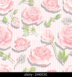 Cream pink roses seamless vector pattern with vertical stripes background Stock Vector