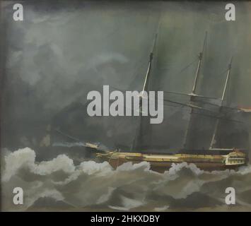 Art inspired by Ship Diorama, Three-dimensional representation in recessed picture frame, a so-called ship-in-the-cabinet or ship diorama. Nocturnal scene of a sailing ship in a stormy sea with waves with whitecaps and surrounded by some seagulls. The rigged three-master of 40 pieces, Classic works modernized by Artotop with a splash of modernity. Shapes, color and value, eye-catching visual impact on art. Emotions through freedom of artworks in a contemporary way. A timeless message pursuing a wildly creative new direction. Artists turning to the digital medium and creating the Artotop NFT