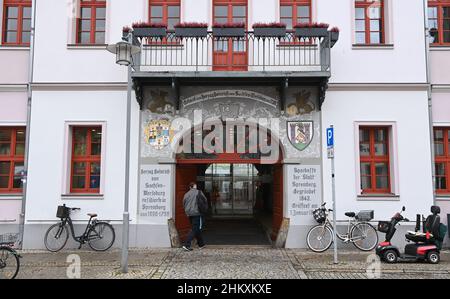 Berlin, Germany. 01st Feb, 2022. The entrance to the Savings Bank. The building was built in 1706 by Duke Heinrich von Sachsen-Merseburg. Credit: Jens Kalaene/dpa-Zentralbild/ZB/dpa/Alamy Live News Stock Photo