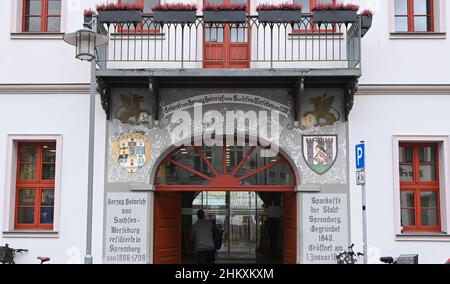 Berlin, Germany. 01st Feb, 2022. The entrance to the Savings Bank. The building was built in 1706 by Duke Heinrich von Sachsen-Merseburg. Credit: Jens Kalaene/dpa-Zentralbild/ZB/dpa/Alamy Live News Stock Photo