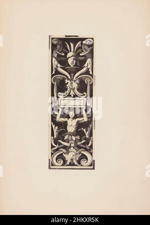 Art inspired by Ornament print with a winged figure and masks on a wall, c. 1875 - c. 1900, cardboard, albumen print, height 195 mm × width 68 mm, Classic works modernized by Artotop with a splash of modernity. Shapes, color and value, eye-catching visual impact on art. Emotions through freedom of artworks in a contemporary way. A timeless message pursuing a wildly creative new direction. Artists turning to the digital medium and creating the Artotop NFT Stock Photo