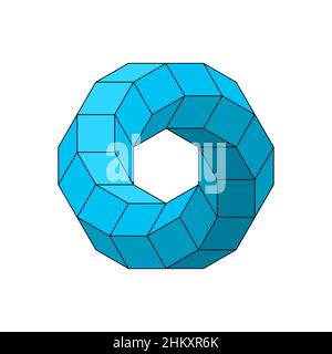 Impossible toroidal polyhedron. Blue impossible infinite shape. Sacred geometry figure. Optical illusion. Twisted hexagonal object. Challenging spiral Stock Vector