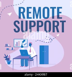 Sign displaying Remote Support. Internet Concept help endusers to solve computer problems and issues remotely Man Sitting On Desk Working And Stock Photo