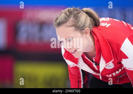 Beijing, China. 6th Feb, 2022. Rachel Homan of Canada competes during the curling mixed doubles round robin session of the Beijing 2022 Winter Olympics between Canada and the Czech Republic at the National Aquatics Centre in Beijing, capital of China, Feb. 6, 2022. Credit: Zhou Mi/Xinhua/Alamy Live News Stock Photo