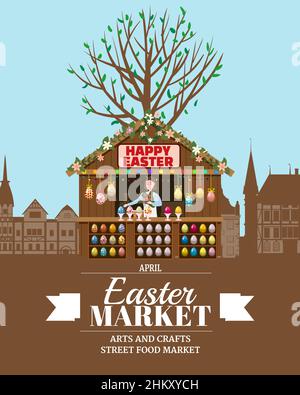 Easter Market poster, wooden stall decorated flowers, colored Easter eggs. Holiday City Spring Fair Square, Europe architecture background. Vector Stock Vector