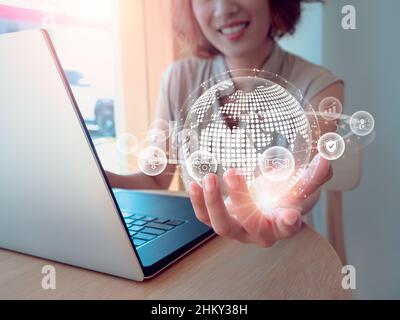 Big data. Business global technology concept. Financial and digital marketing on metaverse with internet connection. Business virtual icon symbols in Stock Photo