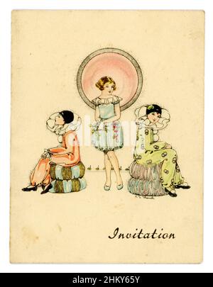 Original 1920's party invitation of young girl in bob hairstyle wearing a party frock, her 2 friends are dressed in fancy dress Pierrot costumes in Art Deco style - illustration by a British illustrator. Stock Photo