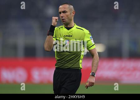 Milan, Italy, 5th February 2022. The referee Marco Guida reacts during the Serie A match at Giuseppe Meazza, Milan. Picture credit should read: Jonathan Moscrop / Sportimage Stock Photo