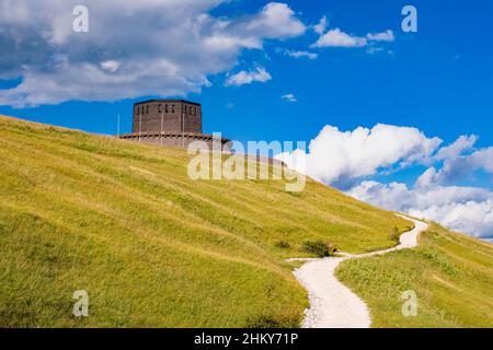 View of the Cimitero militare tedesco del Passo Pordoi, a German War Gravesite, located on a hill close to the top of Pordoi Pass. Stock Photo