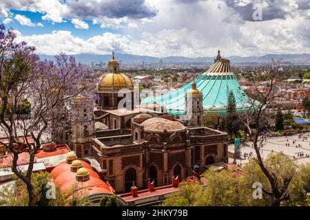 Old and new Basilica, Basilica de Nuestra Senora de Guadalupe, Our Lady of Guadalupe, Mexico City. North America Stock Photo