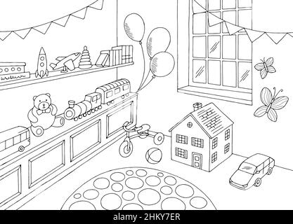 Toy shop graphic black white interior sketch illustration vector Stock Vector