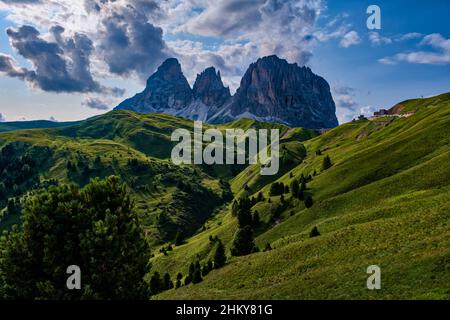 Summits of Plattkofel, Grohmannspitze and Langkofel, seen from below below Sella Pass. Stock Photo