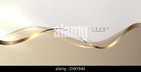 Template abstract elegant brown wave curved shape layer with golden ribbon lines on white background luxury style. Vector graphic illustration Stock Vector