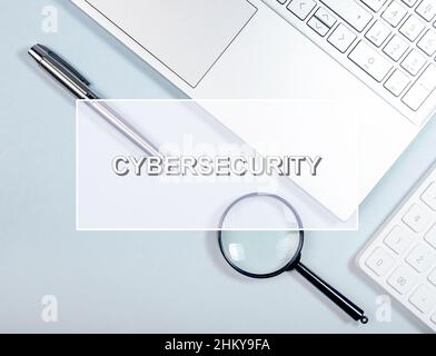 Cybersecurity word. Cyber security concept, inscription on photo. Stock Photo