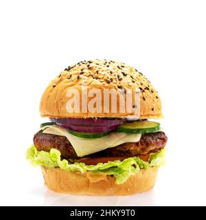 Big single cheeseburger isolated on white background Stock Photo