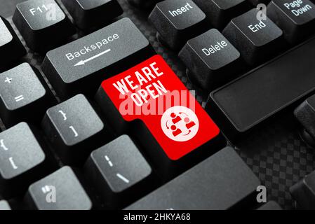 Writing displaying text We Are Open. Business overview We Are Open Abstract Typing License Agreement, Creating Online Reference Book Stock Photo