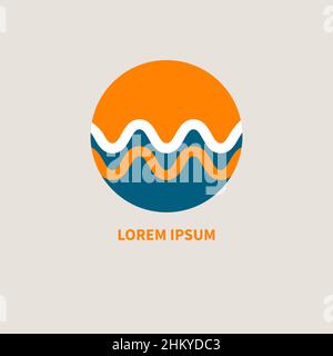 Sea and sun logo for travel agency. Sunset circle icon, summer symbol. Waves and sunrise Stock Vector