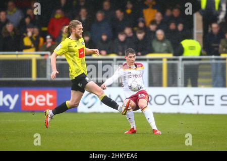 EnviroVent Stadium, Harrogate, England - 5th February 2022 Matty Foulds (14) of Bradford clears the ball with Luke Armstrong (29) of Harrogate closing in - during the game Harrogate v Bradford City, EFL League 2, 2021/22, at The EnviroVent Stadium, Harrogate, England - 5th February 2022 Credit: Arthur Haigh/WhiteRosePhotos/Alamy Live News Stock Photo