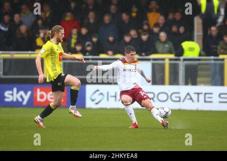 EnviroVent Stadium, Harrogate, England - 5th February 2022 Matty Foulds (14) of Bradford clears the ball with Luke Armstrong (29) of Harrogate closing in - during the game Harrogate v Bradford City, EFL League 2, 2021/22, at The EnviroVent Stadium, Harrogate, England - 5th February 2022 Credit: Arthur Haigh/WhiteRosePhotos/Alamy Live News Stock Photo