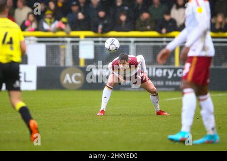 EnviroVent Stadium, Harrogate, England - 5th February 2022 Matty Foulds (14) of Bradford stoops down low to head the ball away - during the game Harrogate v Bradford City, EFL League 2, 2021/22, at The EnviroVent Stadium, Harrogate, England - 5th February 2022 Credit: Arthur Haigh/WhiteRosePhotos/Alamy Live News Stock Photo