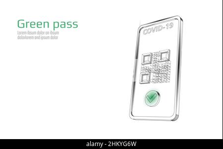 COVID-19 Green Pass QR-code 3D concept. Phone app screen health passport mobile app certificate. Safe travel coronavirus immunization poster vector Stock Vector