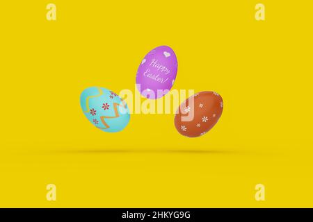 Colorful easter eggs on yellow background. Happy easter wishes and decorative painting. 3D rendering. Stock Photo
