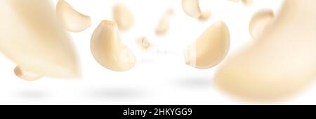 Set of peeled garlic cloves falling on a white background with selective focus. Garlic, isolated on a white background, flies down, casting a shadow. Stock Photo