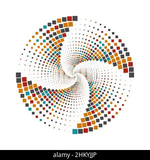 Vortex element, geometric halftone pattern. Whirlpool, spiral circle. Digital poster. Vector illustration. Graphic design element Stock Vector