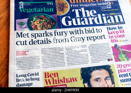 'Met sparks fury with bid to cut details from Gray report' Guardian Downing Street parties newspaper headline front page 29 January 2022 London UK Stock Photo